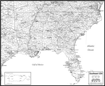 map southeast states counties print names cities